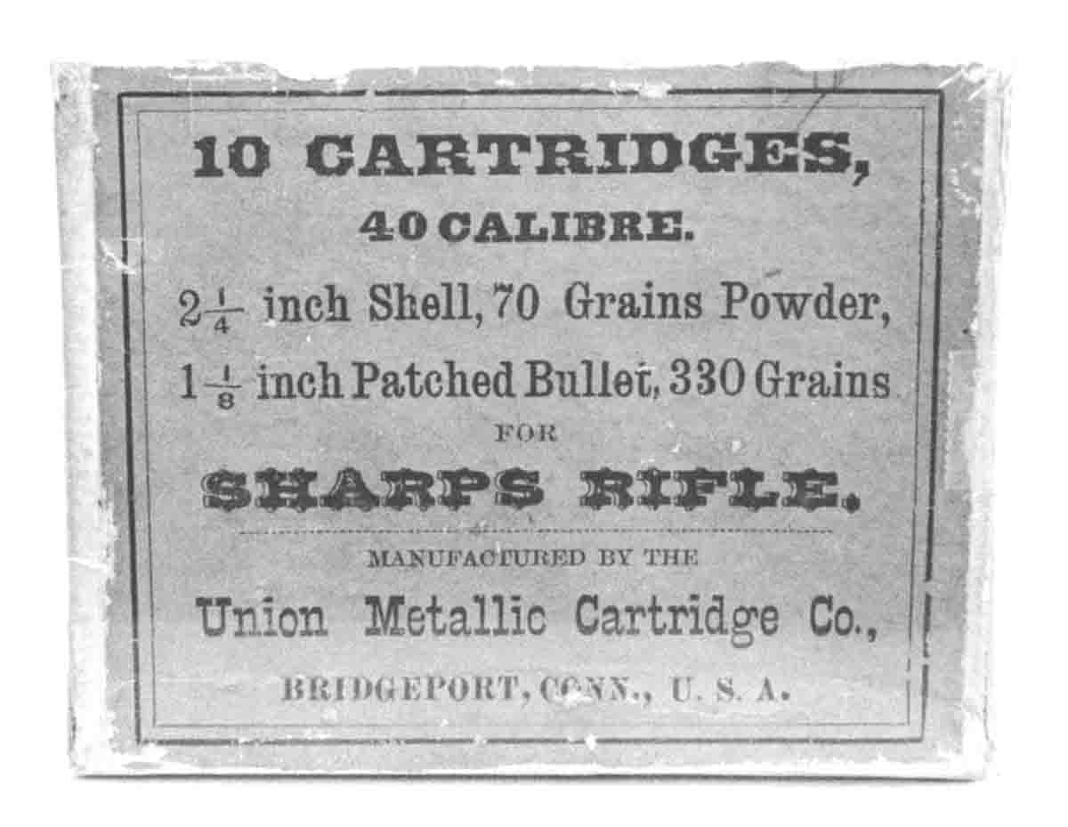 This Union Metallic Cartridge Company’s box for the Sharps .45-25⁄8 inch (now called .44-90) shows bullet length as 11⁄8 inches.)